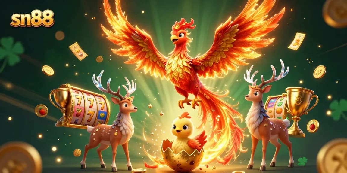 Experience thrilling moments with sn88 in this immersive 3D illustration of a phoenix and slot reels.