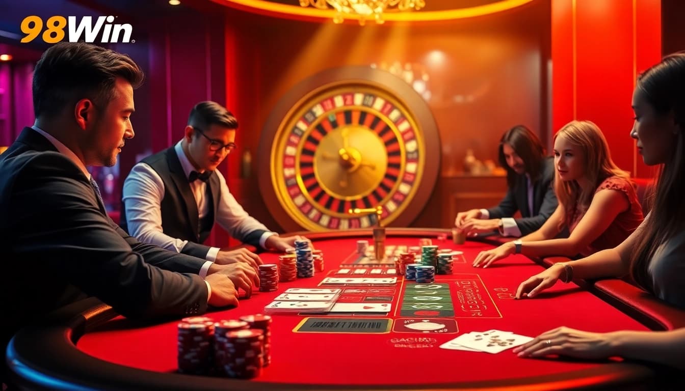 Players enjoying Baccarat and Poker at 98Win's luxurious casino table.
