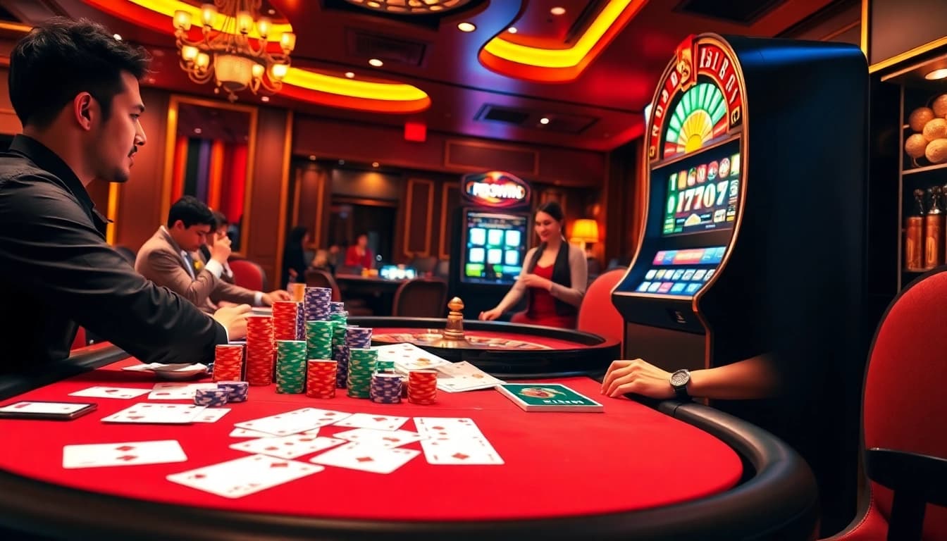 Engaging casino gameplay at Nhà cái 33WIN featuring vibrant poker chips, roulette table, and dynamic players.