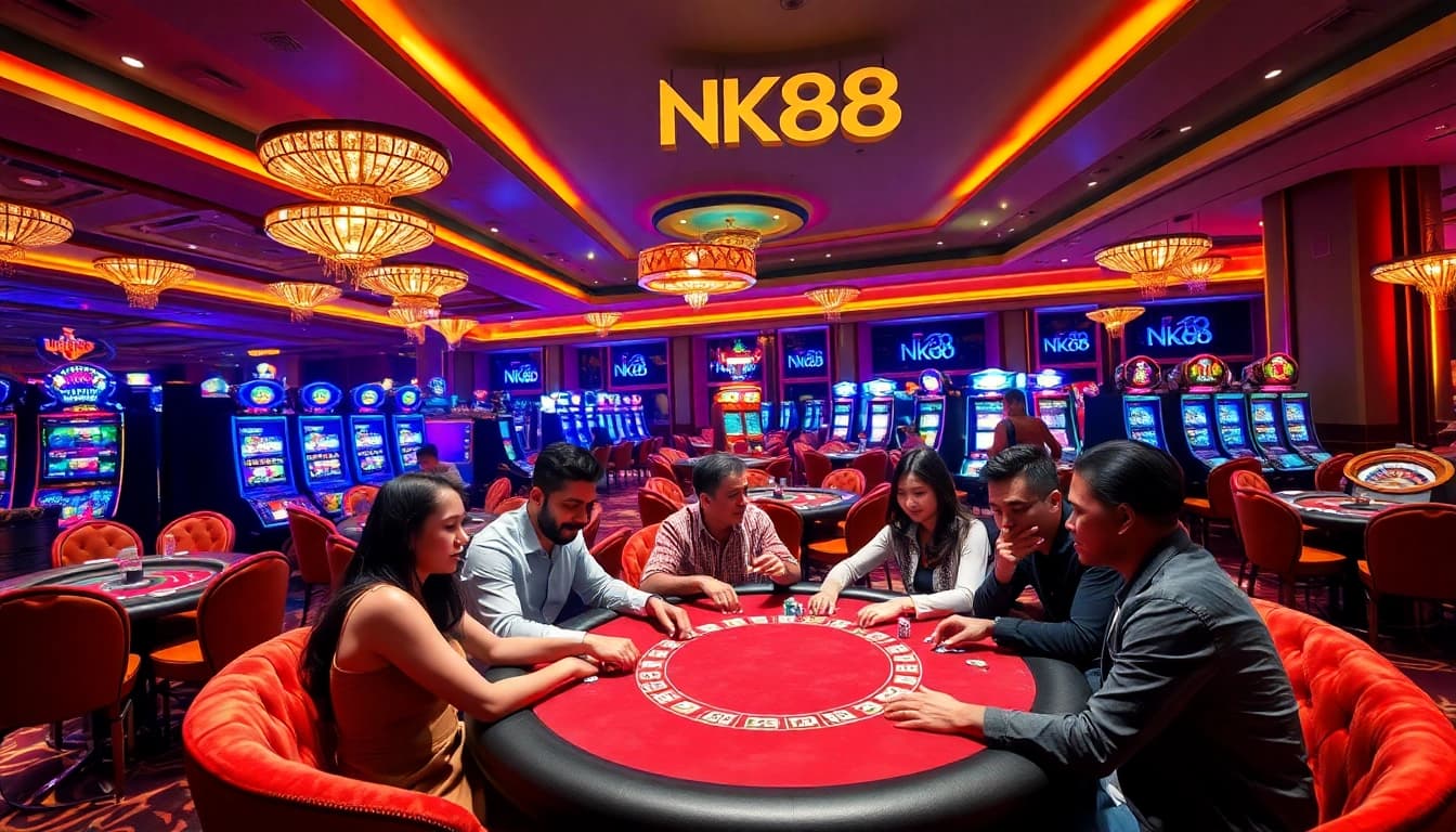Players enjoying a thrilling game at NK88 casino, showcasing luxury and excitement during a poker match.