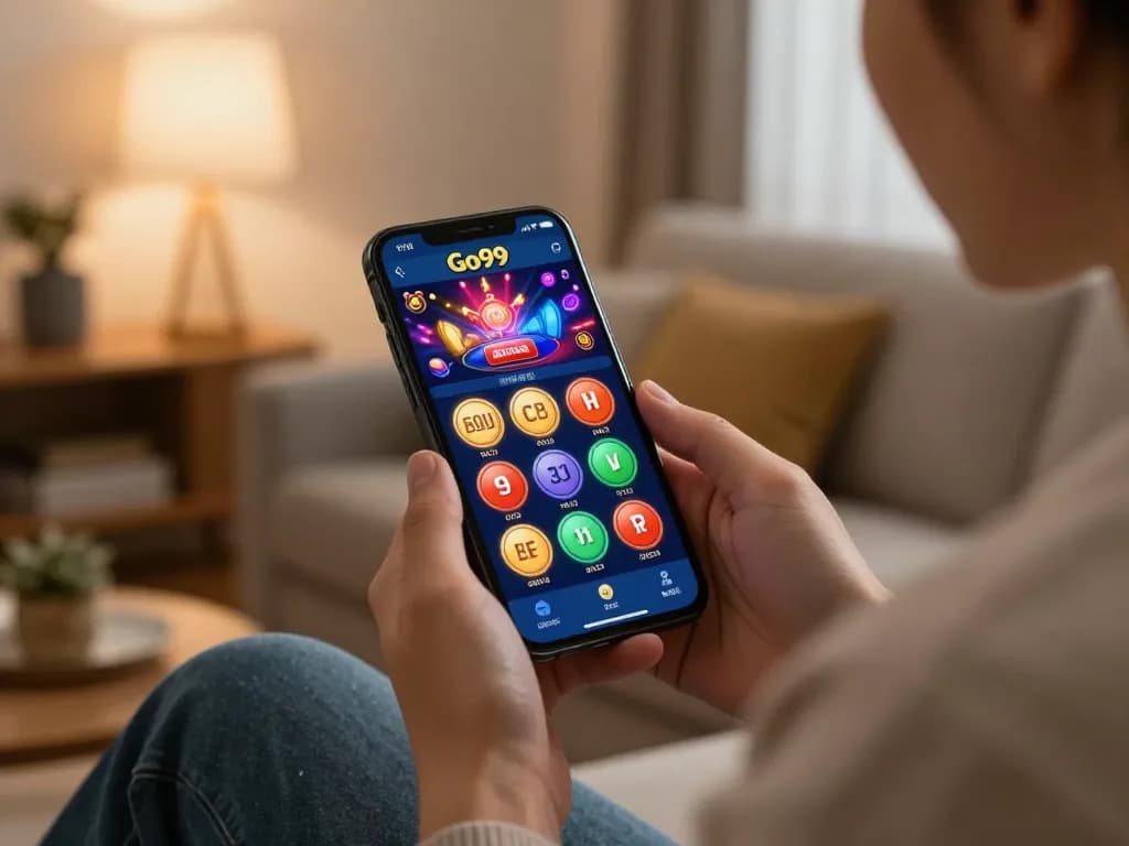 Experience thrilling gameplay on Go99's mobile app in a cozy home setting.