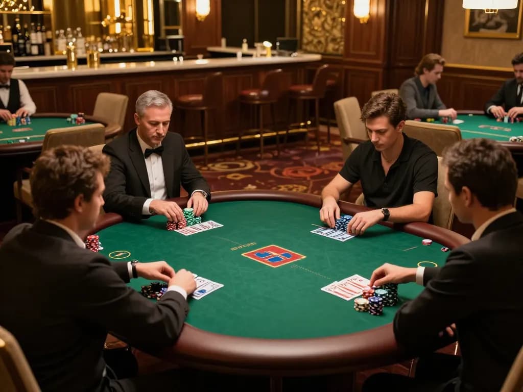 Players engaged in intense poker game at HIT CLUB in a luxurious setting.