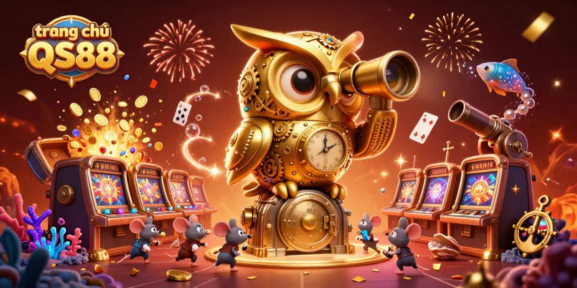 Engaging scene with a clockwork owl at trang chủ QS88 observing a vibrant casino landscape filled with games and treasures.
