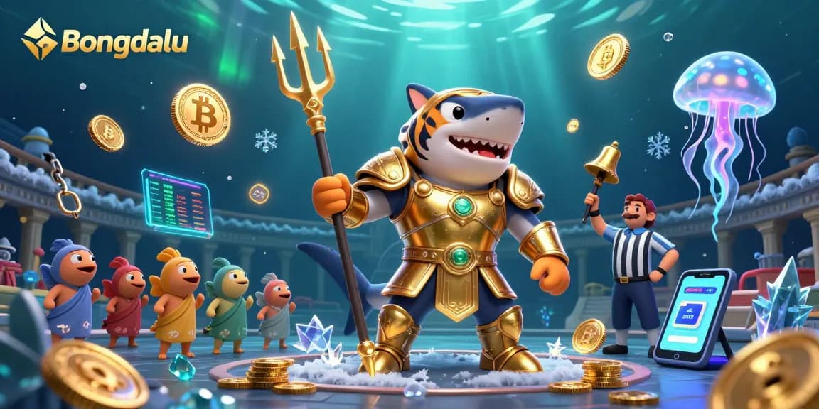 Bongdalu showcases an underwater casino battle scene featuring a tiger shark and crypto elements.
