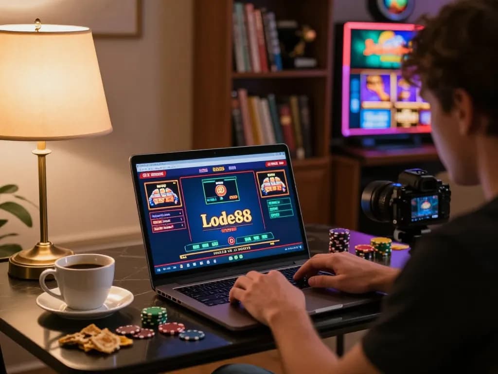 Lode88 player enjoying an engaging online gambling experience with vibrant games on the laptop.