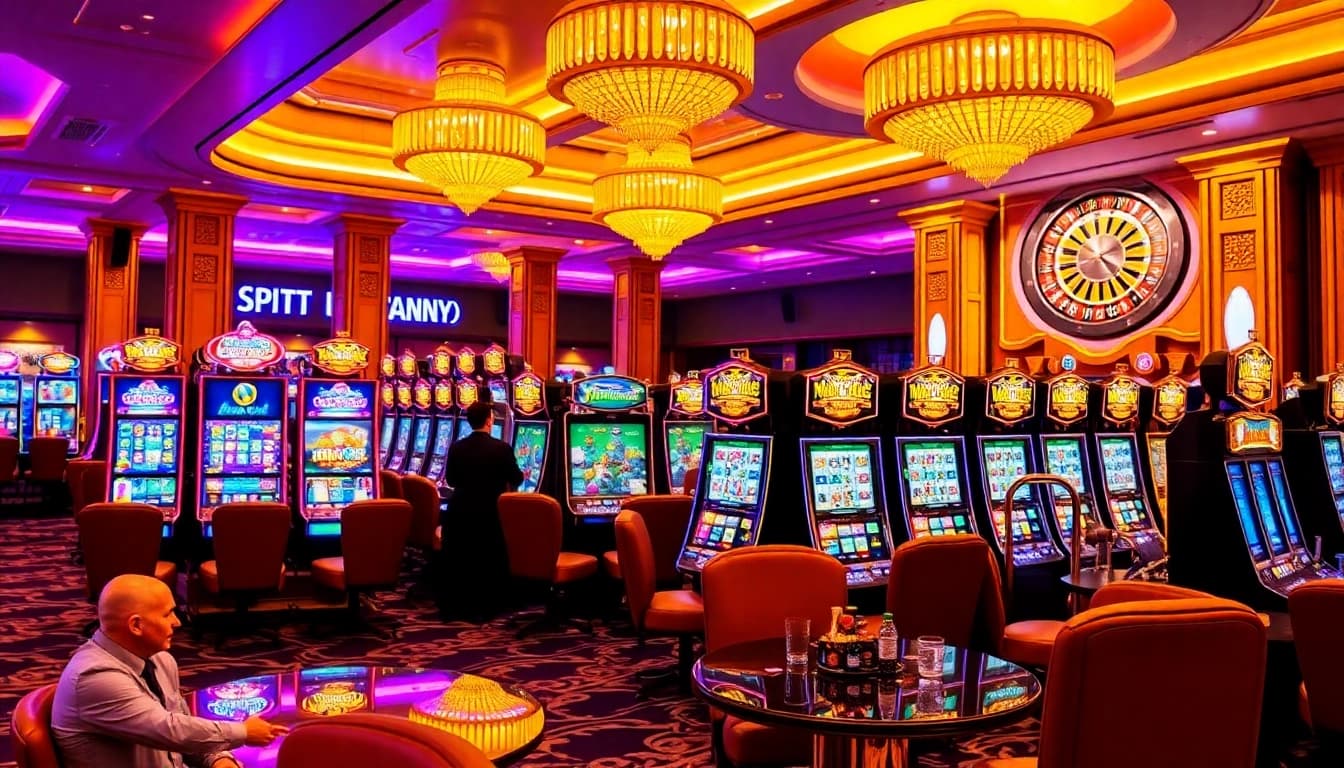 Engaging players spinning slots in a vibrant casino atmosphere with neon lights and luxury décor.