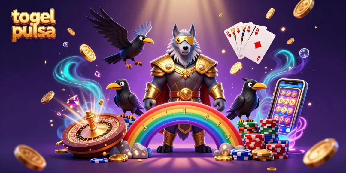 Win big with togel pulsa in a vibrant, colorful casino scene full of excitement and treasures.