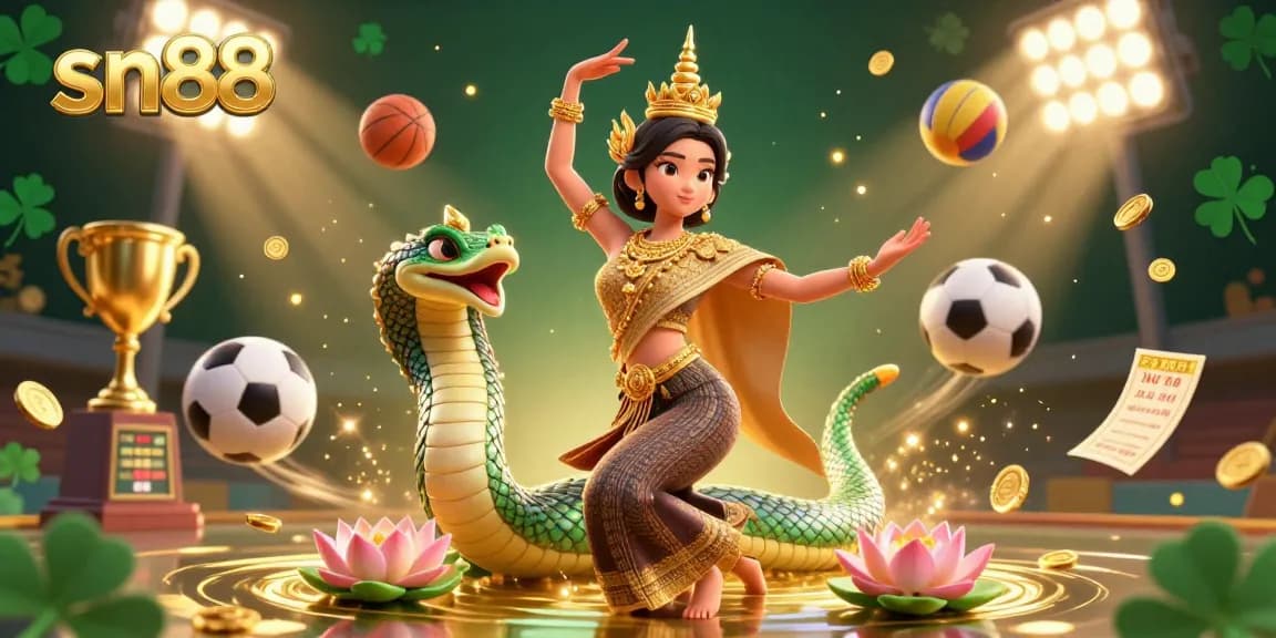 Join the thrilling sn88 gaming adventure with a captivating scene of Thai elegance, sports, and excitement.
