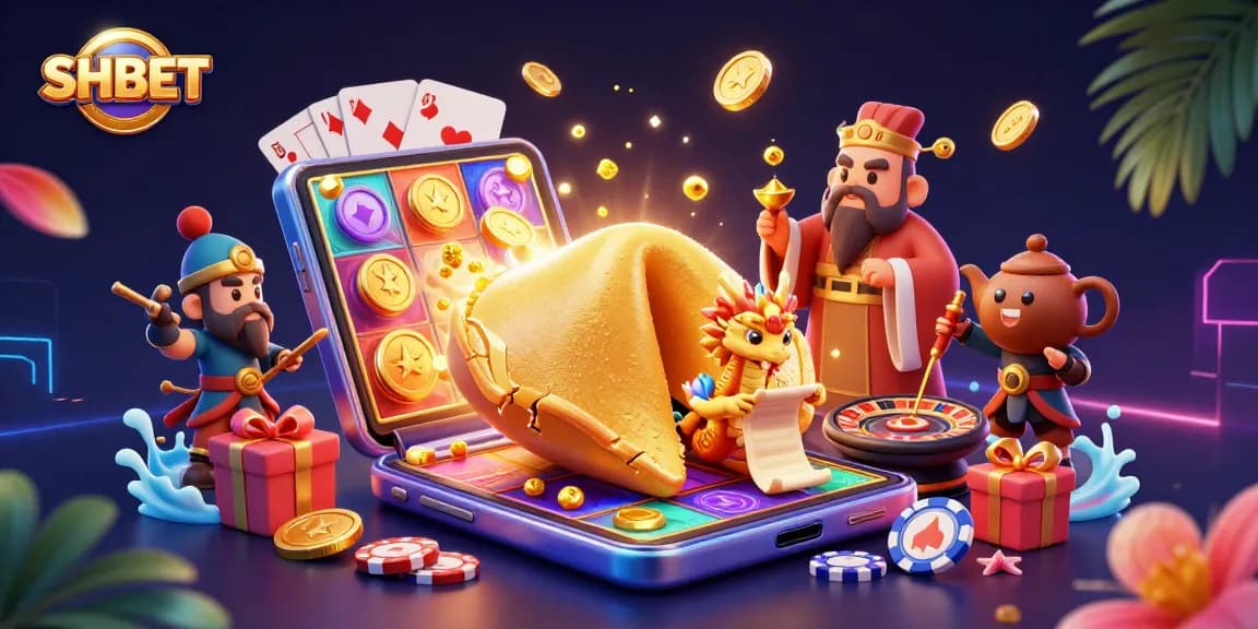 Engage with SHBET’s vibrant 3D illustration featuring dynamic casino elements, slot games, and characters.