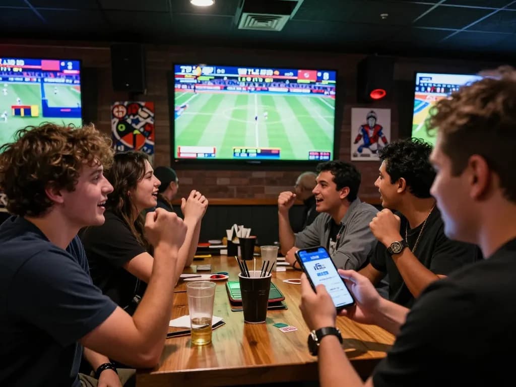 Sports betting moment with JUN88 app as friends cheer on live match action