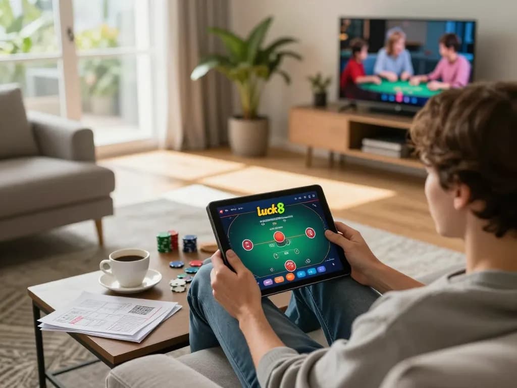 Engaging with luck8 platform on tablet during a cozy home gaming session, person strategizing with notes.