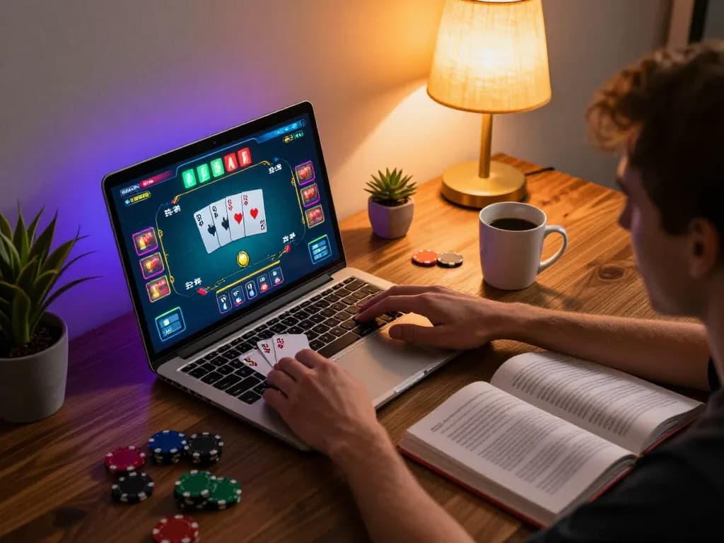 Experience thrilling online poker gameplay with 9bet on a modern home setup, showcasing cards and betting strategies.