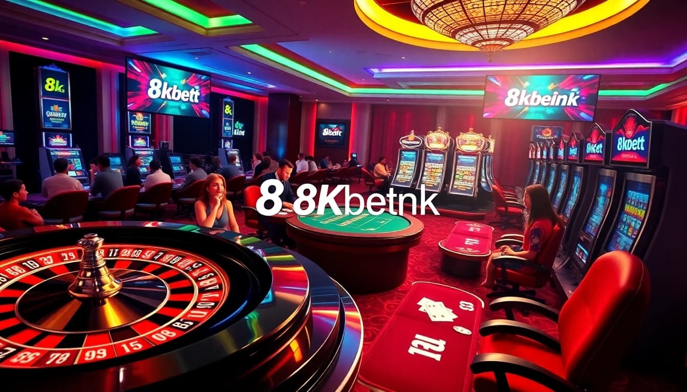 Engaging in exciting games at https://8kbet.ink/ with vibrant casino elements and digital screens.