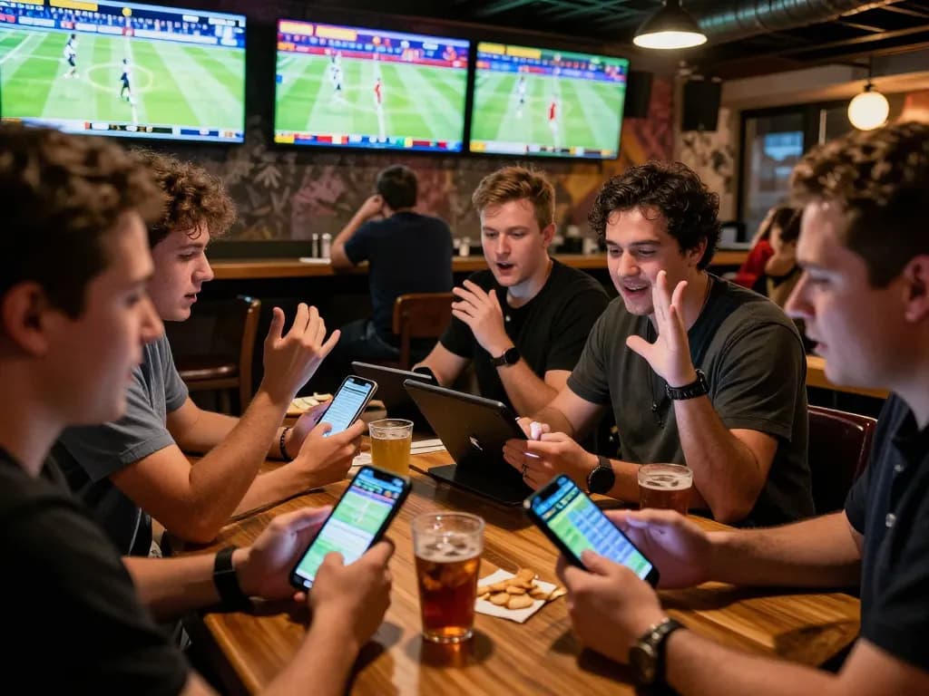 sbobet users engaging in lively sports betting with smartphones and screens