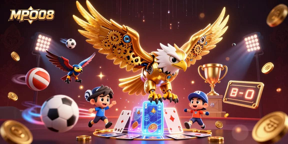 Experience winning excitement with MPO08's vibrant 3D casino illustration featuring gameplay and sports elements.