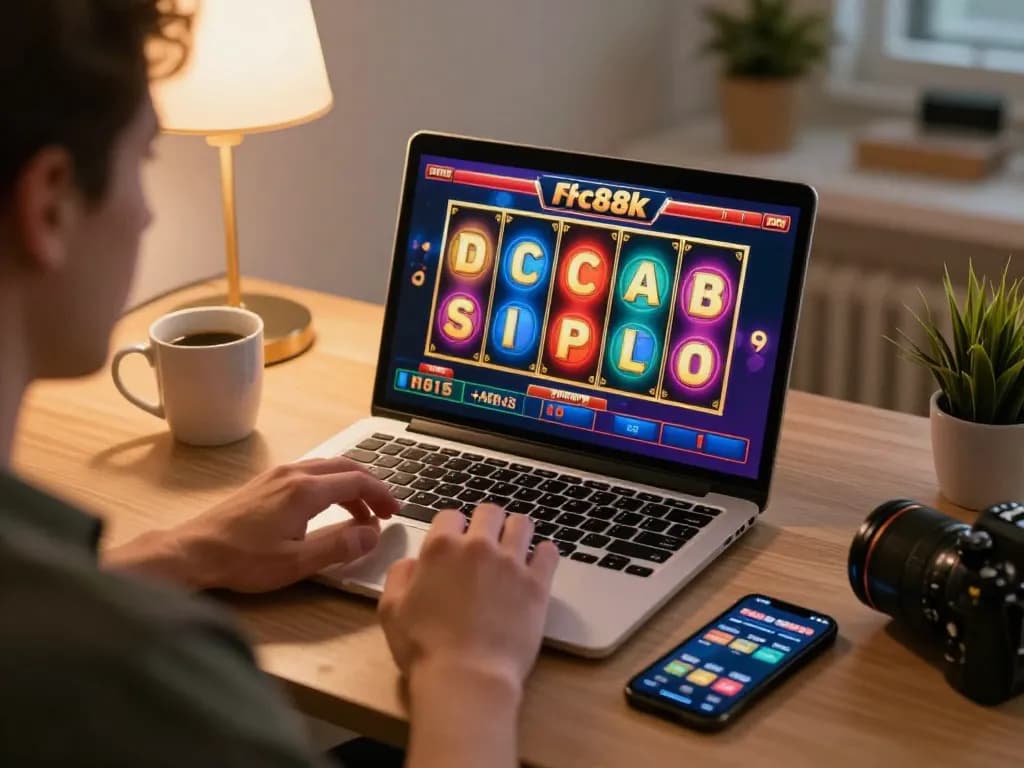 Player engaging with fc88k online slots on laptop while enjoying a cozy home gaming setup.