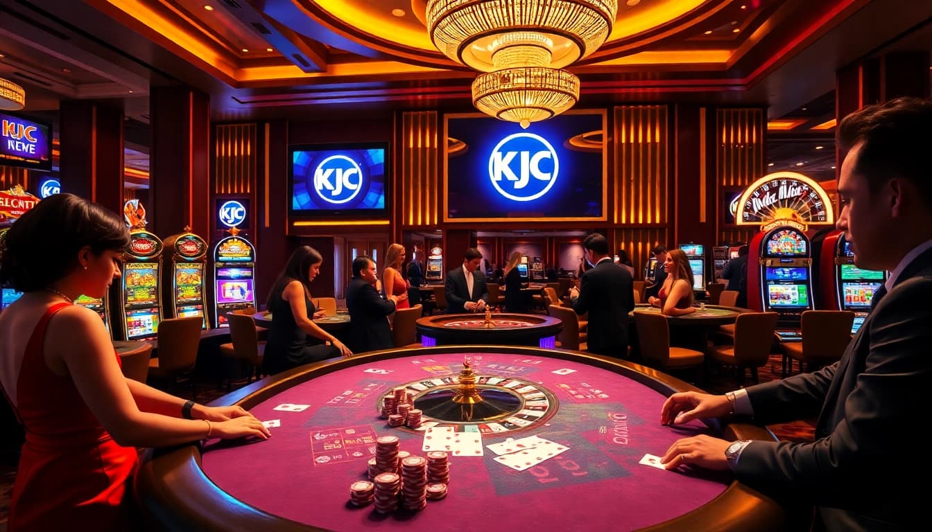 KJC logo prominently displayed amidst a lively casino scene with poker chips and slot machines.