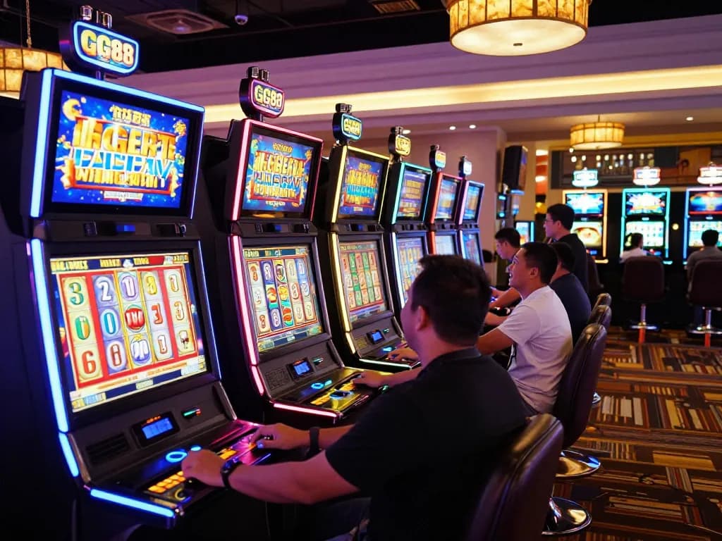 Players celebrating wins at GG88 slot machines in a colorful casino environment