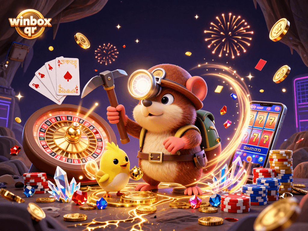 Experience the thrill of winbox qr with a vibrant 3D treasure hunt in a dynamic casino scene.
