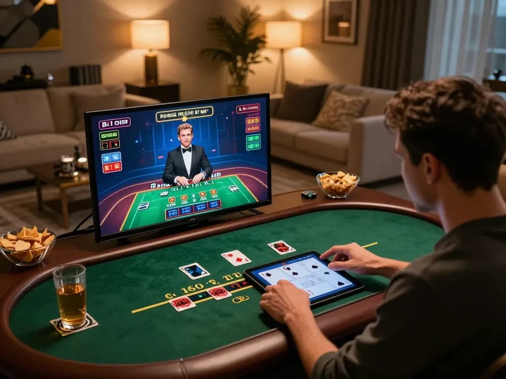 Engaging in a live dealer blackjack game on a tablet, showcasing bdtk66 online casino experience