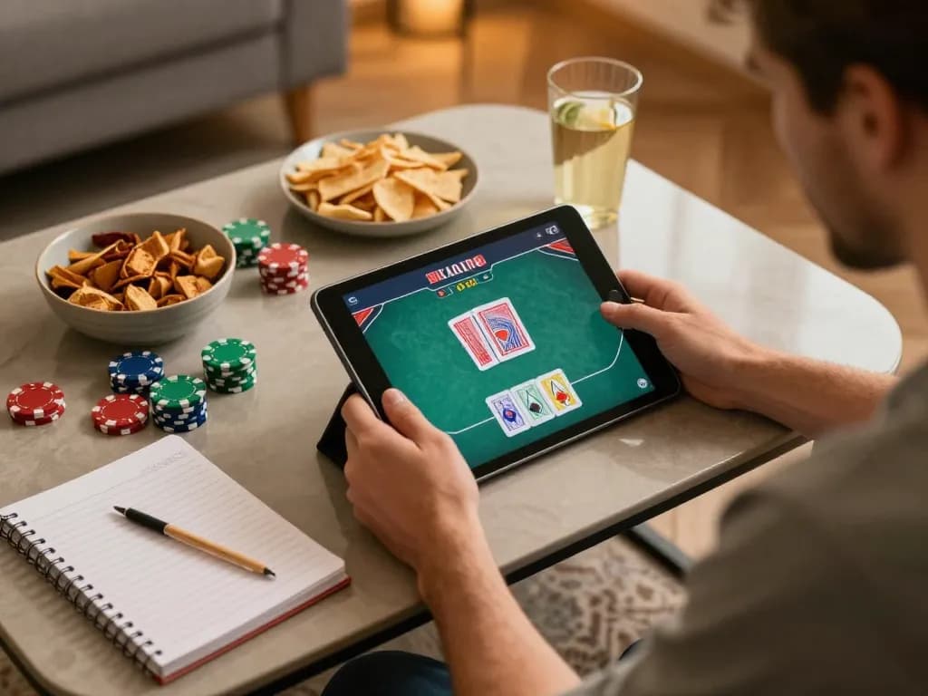 Player engaged in online poker game strategy at home using 789P app on tablet, with chips and drinks.