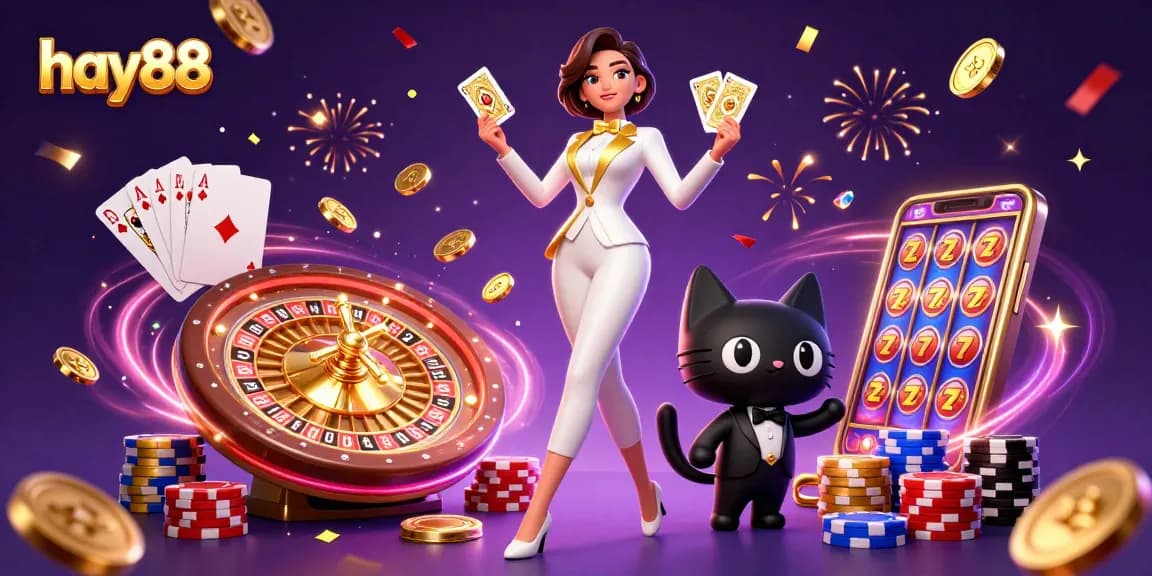 Experience exciting gameplay with hay88 as glamorous characters bring casino fun to life with cards and poker chips.