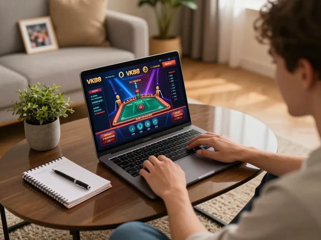 Engaging in VK88 live dealer games on laptop in stylish home setting.