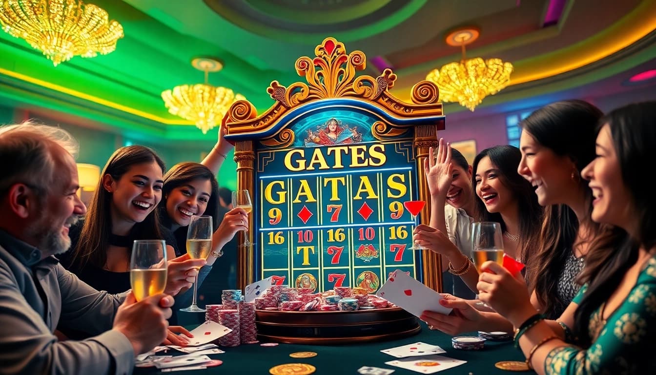 Experience the thrill of winning on the Gates of Gatotkaca slot machine with joyful players celebrating their success.