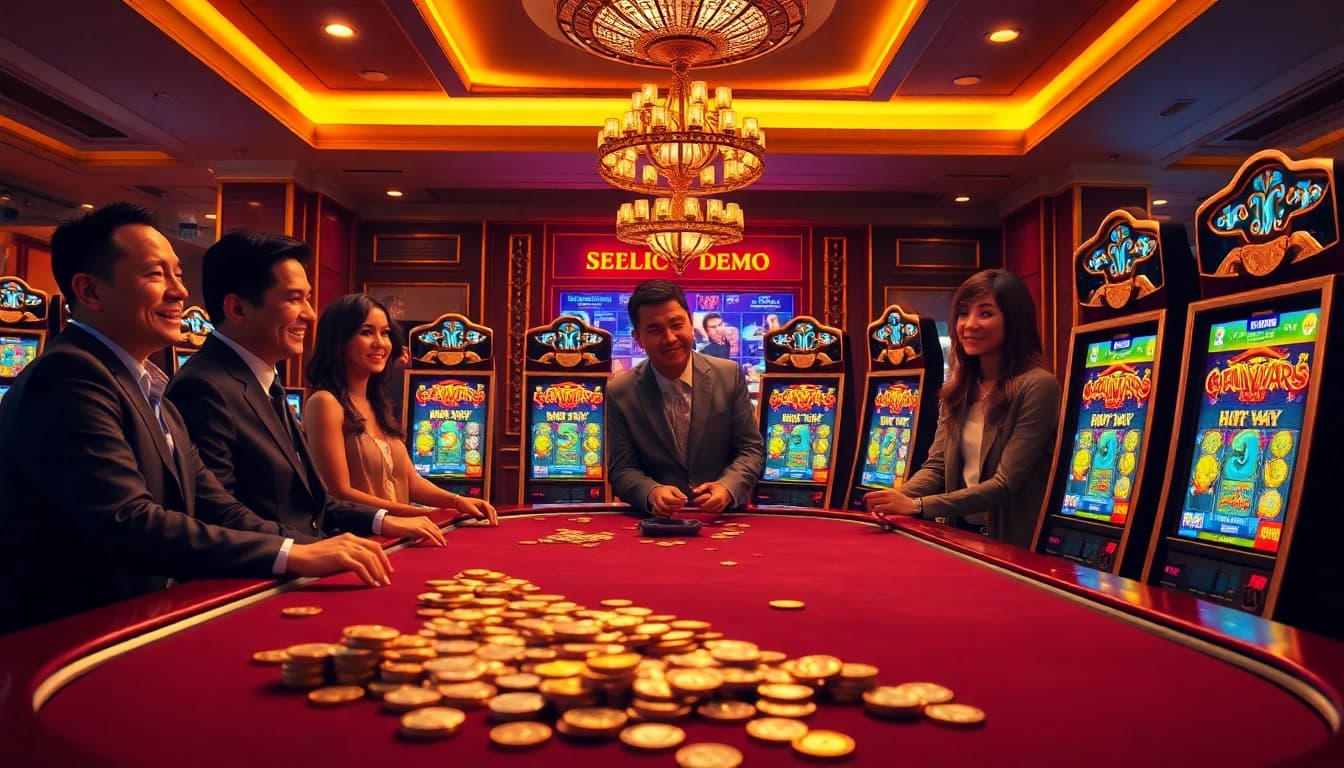 Players enjoying a slot demo experience at a luxurious casino, showcasing vibrant slot machines.