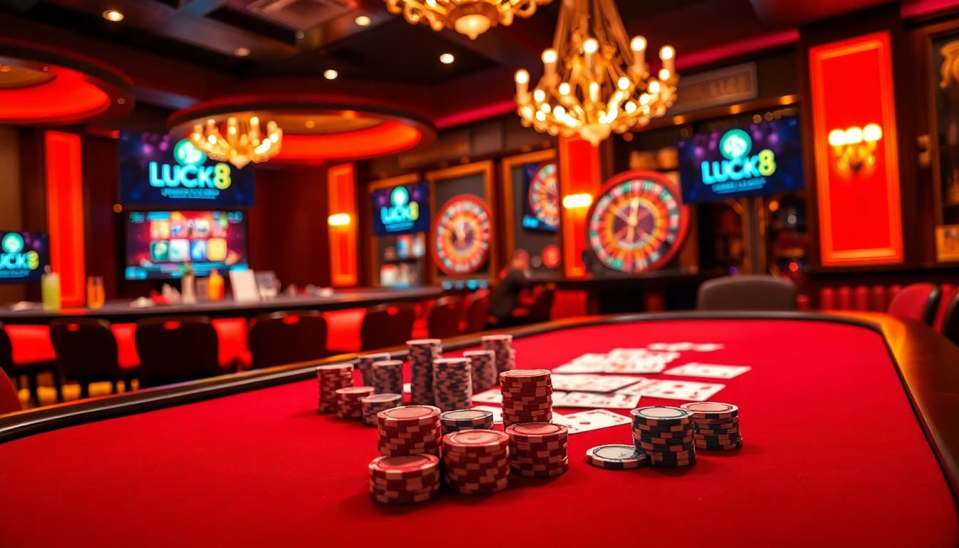 LUCK8 casino experience showcasing a vibrant poker table and roulette wheel in a luxurious setting.