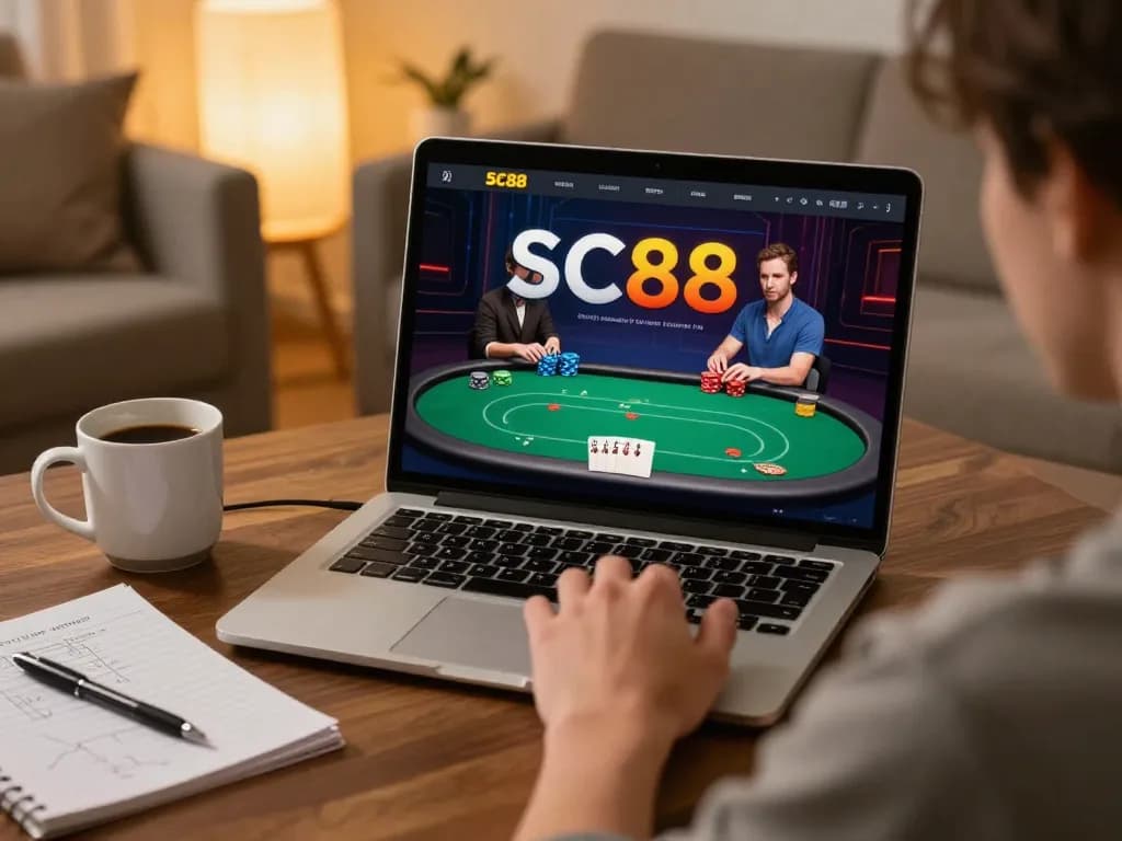 Player enjoying online poker on SC88 platform in cozy home setting, showcasing gaming strategy and comfort.