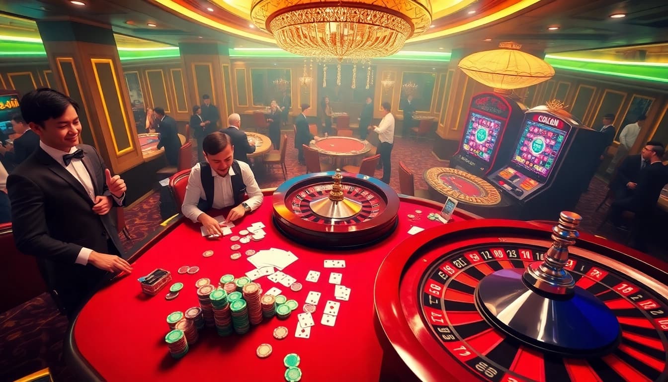 Excited players at a vibrant casino table with co88-themed slot machine and poker chips.