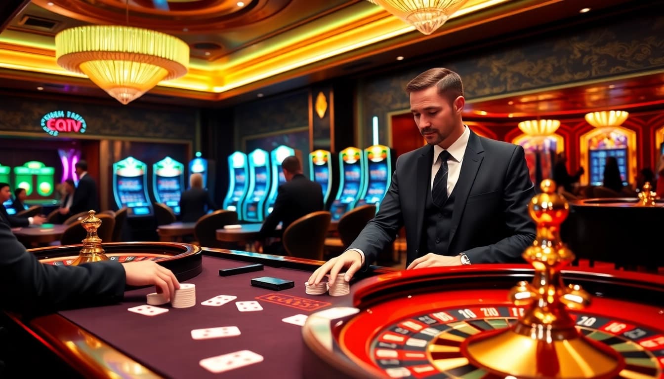 Play poker at NEO79's thrilling casino, featuring vibrant tables and exciting gaming atmosphere.
