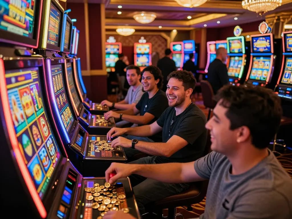 JUARA88 players celebrating wins at vibrant slot machines in a lively casino