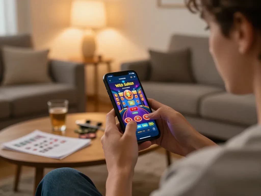 Engaging in wild sultan casino connexion via smartphone in cozy home setting.