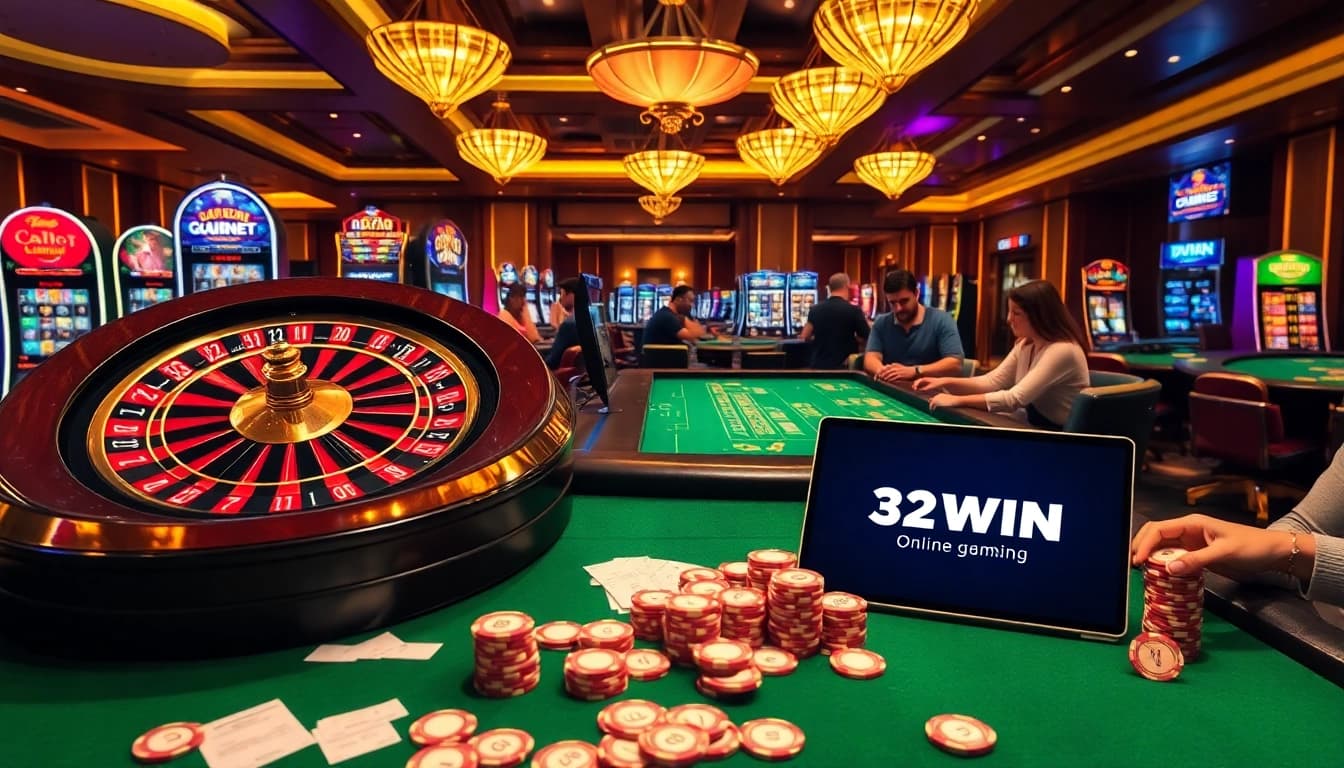 Players enjoying thrilling casino games at 32WIN with vibrant slot machines and roulette.