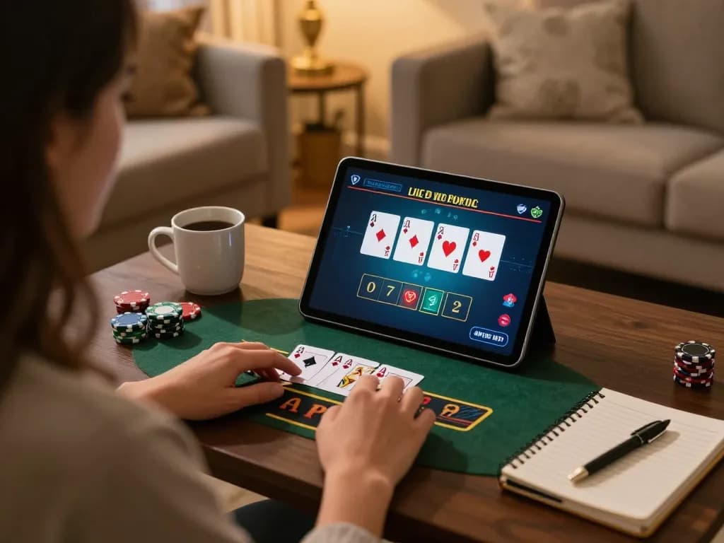 Player enjoying an online blackjack session on MB66, showcasing the interactive gaming interface in a cozy home environment.