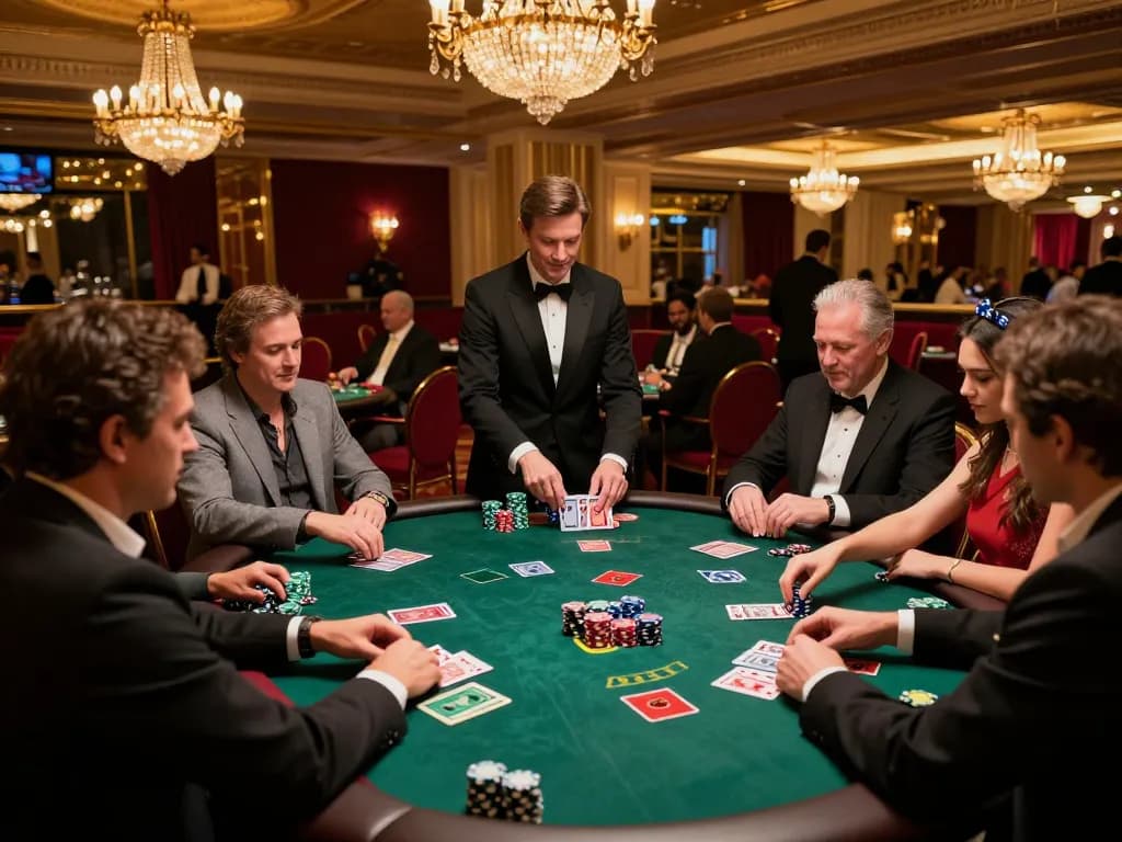Pemain game Kiu77 yang merencanakan strategi di meja blackjack dalam pengaturan kasino mewah.