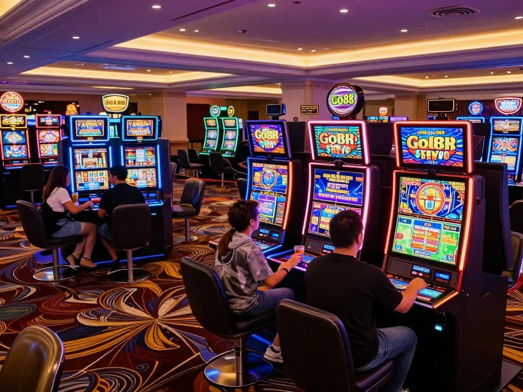 Players enjoying slot machines at Go88's vibrant casino, showcasing an exciting gaming atmosphere.
