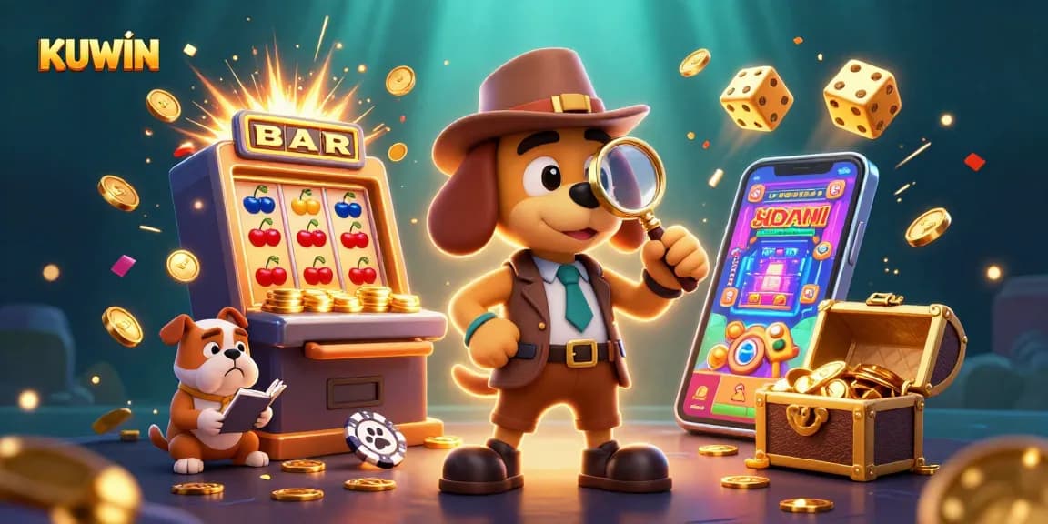 KUWIN guides players to win big with a golden poker chip clue in a colorful casino scene.