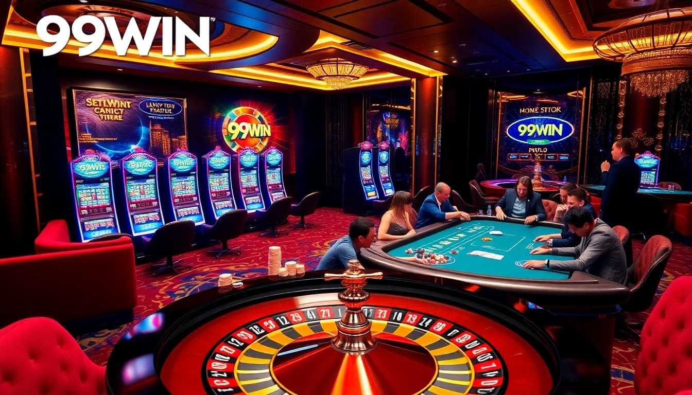 Exciting 99WIN online casino scene with roulette and poker tables set for high-stakes play.
