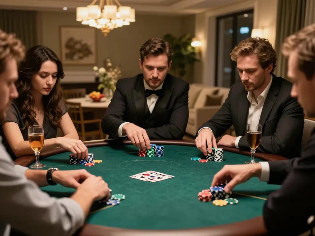 Engaged friends enjoying a thrilling poker night with 777VIP chips on the table, creating a vibrant atmosphere