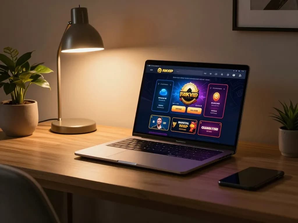 Engaging online gambling with RIKVIP displayed on laptop, cozy home setup for strategic gaming