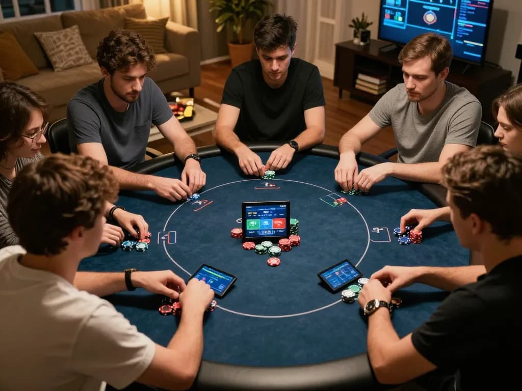 Engaged players strategizing during a pp9win online poker game at home, with chips and tablets visible.