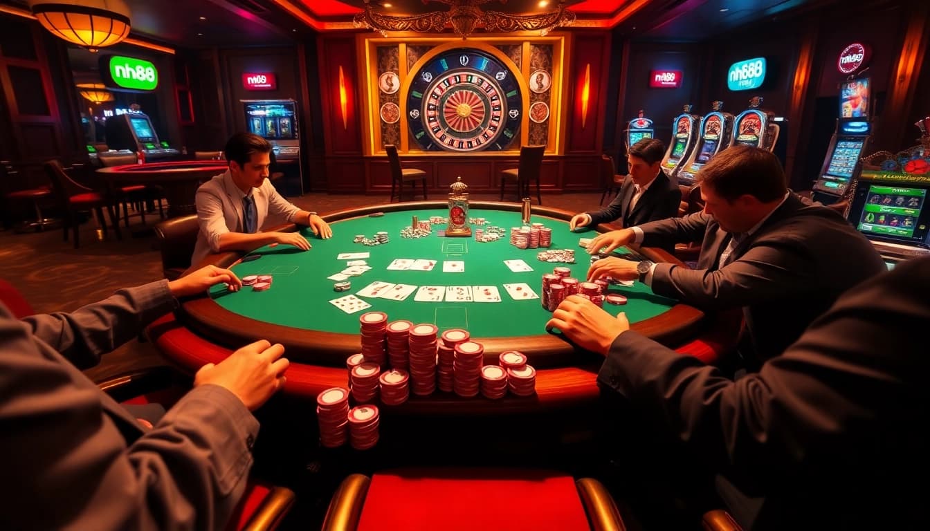 Engage in a thrilling poker game at nk88 casino with vibrant chips and an inviting atmosphere.