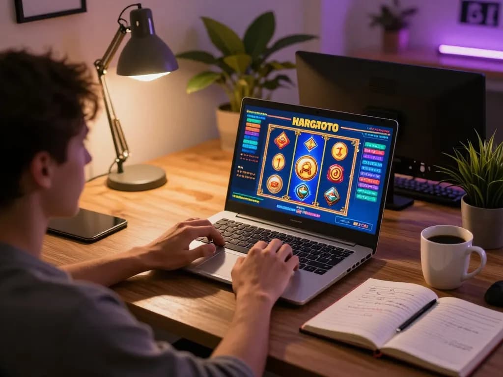 Moment menarik seorang pengguna bermain slot online HARGATOTO di laptop, menampilkan pengaturan permainan di rumah yang nyaman.