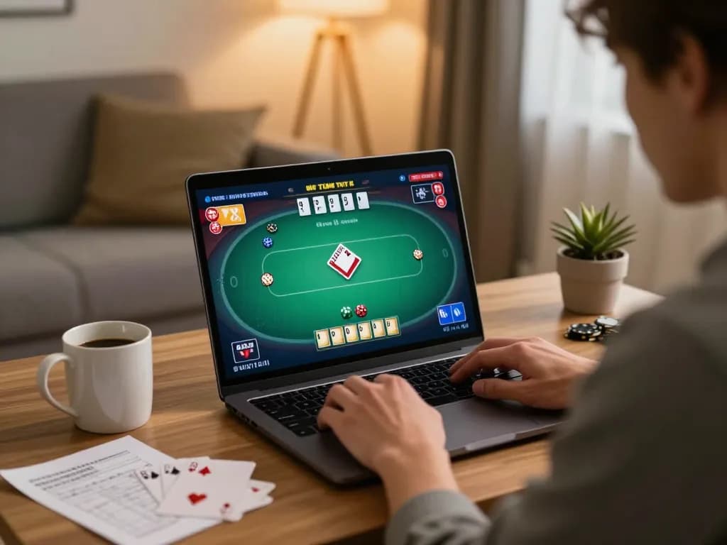 Xocdia88 player engaging in online poker on a laptop at home, with strategy notes visible.