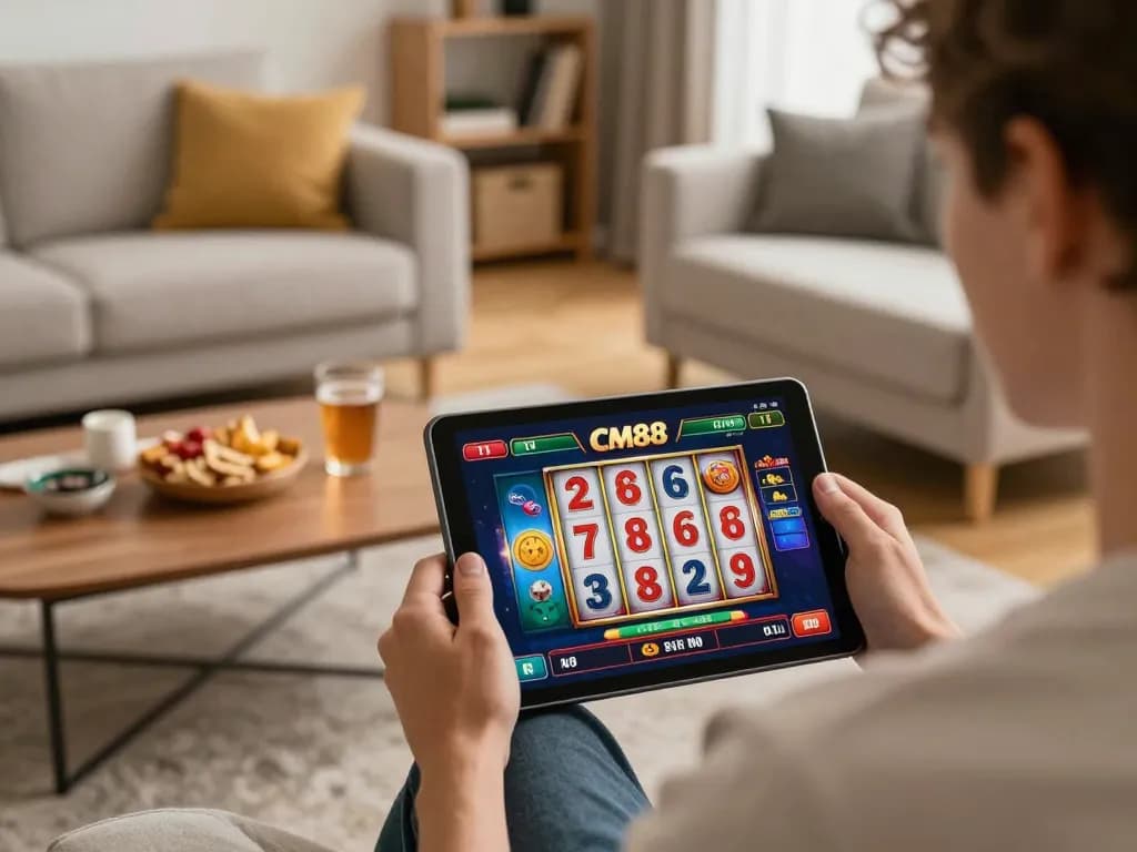 Player engaging with CM88 mobile app for an immersive casino experience from a cozy living room.