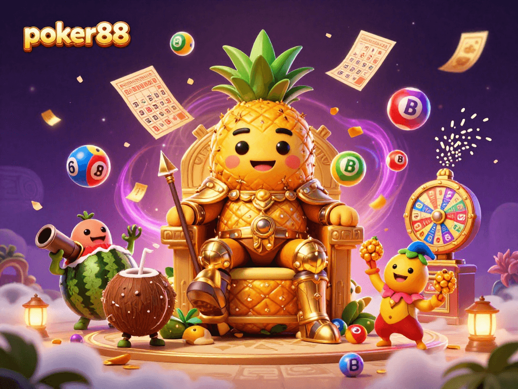 Poker88 menghadirkan suasana kasino yang meriah dengan raja nanas dan elemen permainan yang menarik.