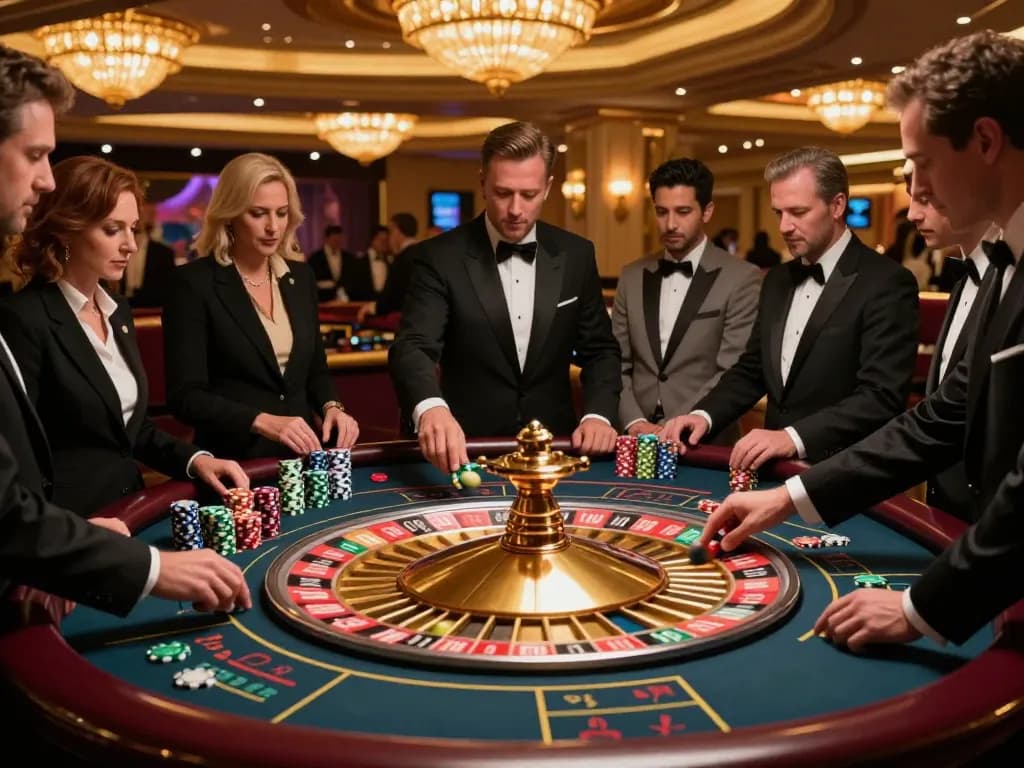 Experience thrilling gameplay at http://tg777.ac/ with players placing bets at a roulette table in an elegant casino atmosphere.